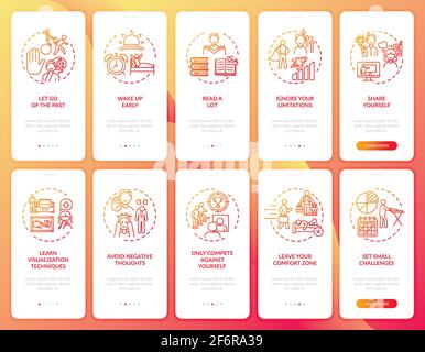 Self-development tips red onboarding mobile app page screen with concepts set Stock Vector