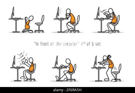 Vector set of humor cartoon man in front of a computer in different attitudes and poses. Print illustration. Stock Vector