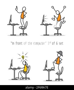 Vector set of humor cartoon man in front of a computer in different attitudes and poses. Print illustration.  Stock Vector