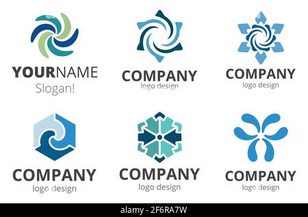 Set of abstract logo in blue and green colors. Different shapes and shades of blue and green colors. Business card or game logo. Vector illustration Stock Vector