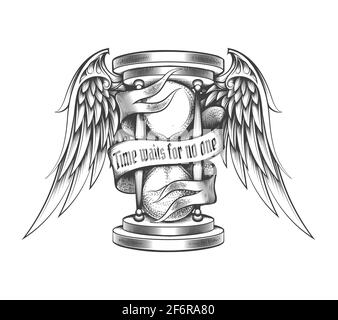 Hourglass with Wings and Ribbon with Wording Time Waits for no One. Tattoo in Engraving Style. Vector illustration. Stock Vector