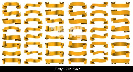 Vector set of ribbons in yellow color. Gold, ocher. Different version and shape. Flag, scroll, silk effect. Print illustration Stock Vector
