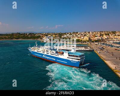 Aerial view of a steam during a mooring on the island of Egina. Greece in the summer Stock Photo