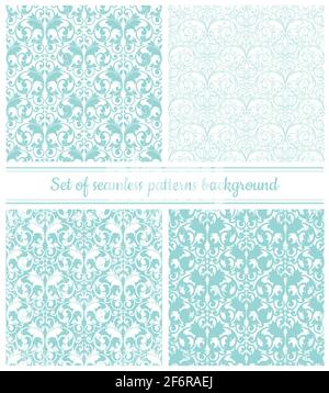 Collection of seamless damask patterns in pastel blue color. Vector illustration. Stock Vector