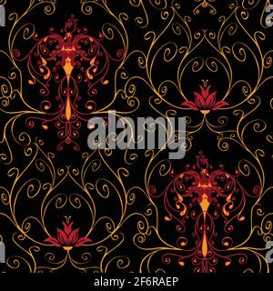 Seamless vector pattern with fire bird on black background. Beautiful vintage phoenix wallpaper design with curved lines. Victorian style fashion. Stock Vector