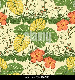 Seamless vector pattern with tropical plants on light pink background. Jungle landscape wallpaper design with red flower. Romantic California fashion. Stock Vector