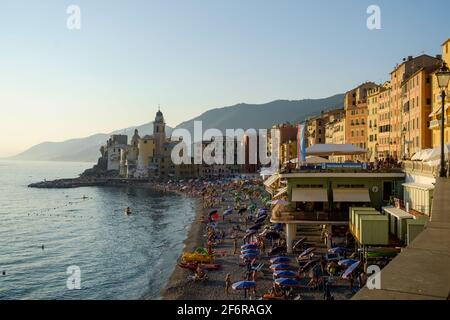 Many people enjoy the beach of Camogli during a sunny summer day .The beach is surrounded by colorful facades and the basilica in the background. Stock Photo