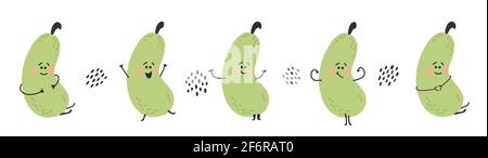 Green cucumber set. Hand drawn cute funny vegetables emoticon. Healthy food collection. Vector childish illustration on white background Stock Vector
