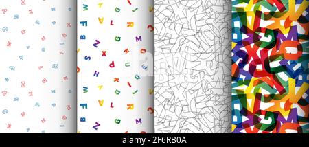 Four alphabet letters minimalistic abstract background seamless pattern tiles made from rainbow letters of alphabet. Filled and border alphabet letter Stock Vector