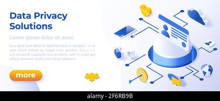 DATA PRIVACY SOLUTIONS - Isometric Design in Trendy Colors Isometrical Icons on Blue Background. Banner Layout Template for Website Development Stock Vector