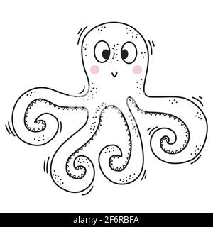 The sea animal is an octopus. Cute decorative underwater character with eyes and smile. Vector illustration isolated on white background. Line, sketch Stock Vector