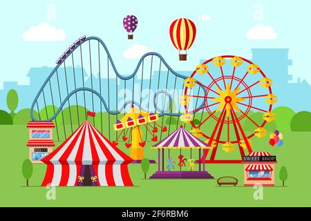 Amusement park with circus carousels roller coaster and attractions on city background. Fun fair and carnival theme landscape. Ferris wheel and merry-go-round festival vector eps illustration Stock Vector