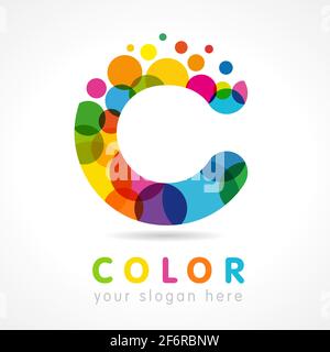 Letter C logotype concept. Isolated abstract emblem. Stained-glass colour graphic template. Clouds and bubbles with multicolored bunch. Corporate soft Stock Vector