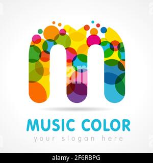 Letter M logotype concept. Isolated abstract emblem. Stained-glass colour, graphic template. Clouds and bubbles with multicolored bunch. Soft branding Stock Vector