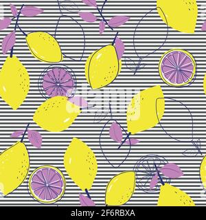 Vector seamless pattern with lemons and stripes. Stock Vector