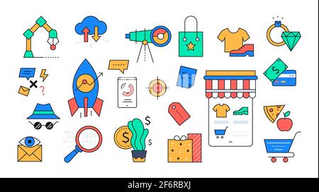 Online shopping and startup projects - colorful line design style icons. Programming, technologies and e-services idea. Images of a telescope, rocket, Stock Vector