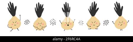 Hand drawn onion collection. Cute funny childish character.Healthy vegan foods. Vegetables set. Vector illustration on white background. Stock Vector