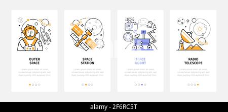 Space exploration - modern line design style web banners with copy space for text. Astronaut, station, robot, radio telescope linear icons. Carousel p Stock Vector