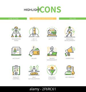 Business and finance - line design style icons set. Management, personal development and marketing idea. Delegating tasks, benefit, career growth, qua Stock Vector