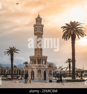 Izmir, Turkey - March 23 2021: Izmir Clock Tower in Konak square. Famous place. Sunset colors. Stock Photo