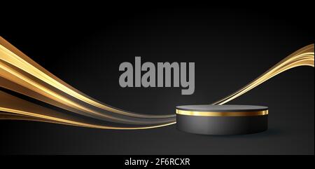 Minimal black scene with golden lines. Cylindrical gold and black podium on a black background. 3D stage for displaying a cosmetic product Stock Vector