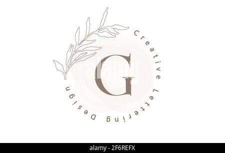 Letter G Logo With Watercolor brush and circle lettering design and outline leaves in Pastel Colors. Creative vector illustration with letter G for be Stock Vector