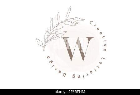 Letter W Logo With Watercolor brush and circle lettering design and outline leaves in Pastel Colors. Creative vector illustration with letter W for be Stock Vector