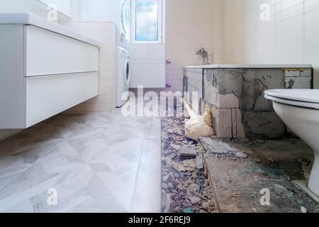 Bathroom renovation before and after. Laying new stone tiles in modern math room. Comparison view of floor reconstruction Stock Photo