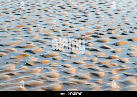 Abstract view of natural sand dune formation at the beach. Curly sand wave pattern closeup. Beautiful sandy background. Nobody Stock Photo