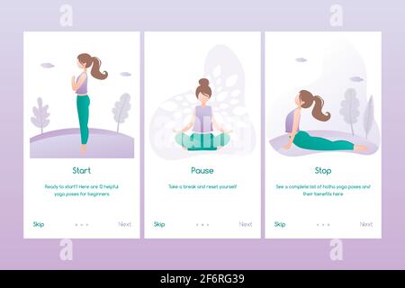 Set of yoga banners or mobile pages application,female doing yoga positions,trendy flat vector illustration Stock Vector