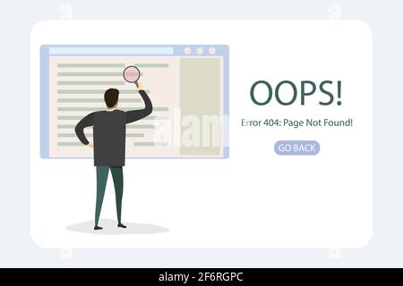 404 Error page template,businessman with magnifying glass,male character back view,vector illustration in trendy style Stock Vector