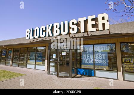 The exterior of the BlockBuster Video store in Bend, Oregon, the only BlockBuster store left in the world. Stock Photo