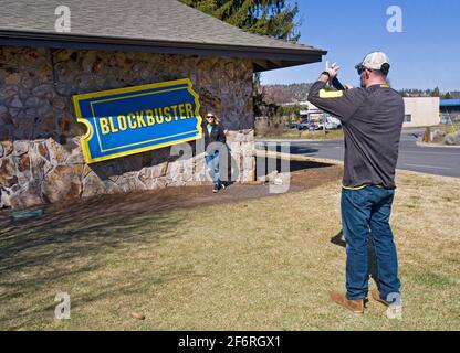 The exterior of the BlockBuster Video store in Bend, Oregon, the only BlockBuster store left in the world. Stock Photo