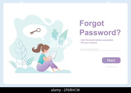 Girl with tablet pc and speech bubble with key,forgot password template banner,security web page,flat vector illustration in trendy style Stock Vector