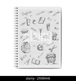 Notepad page with different hand drawn school signs, isolated on white background. Office Equipment, school paper Notebook, vector illustration Stock Vector