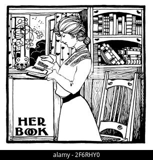 woman in home library reading book by window 'her book'  bookplate by L G Bird from 1903 Studio Magazine of Fine and Applied Art Stock Photo