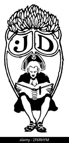 J D initials bookplate with man in 17th century costume reading by D H Smith from 1903 Studio Magazine of Fine and Applied Art