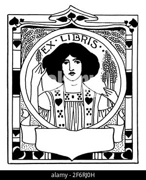 blank name bookplate with female figure by Ethel Larcombe from 1903 The Studio Magazine of Fine and Applied Art Stock Photo