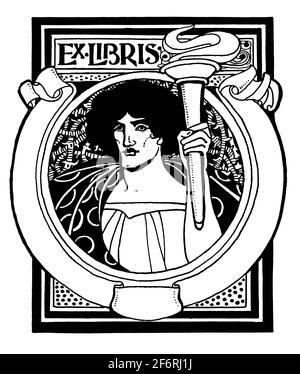 blank name panel bookplate with figure holding flaming torch by Ethel Larcombe from 1903 The Studio Magazine of Fine and Applied Art Stock Photo