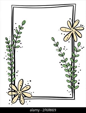 Rectangular frame with a line pattern of flowers and leaves. Hollow minimalistic frame. Delicate template for design. Vector. Stock Vector