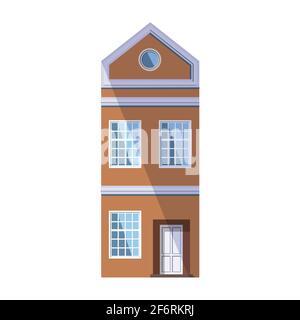 European orange old house in the traditional Dutch town style with a gable roof, round attic window and large loft-style windows. Vector illustration Stock Vector
