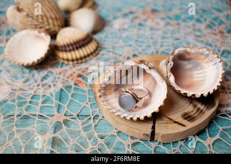 Golden ring on wooden pad, with seashell. Lost treasure from sea, in a shell. Stock Photo