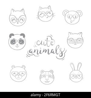 Set of cute animals face in funny glasses and with decorative elements. Vector illustration Stock Vector