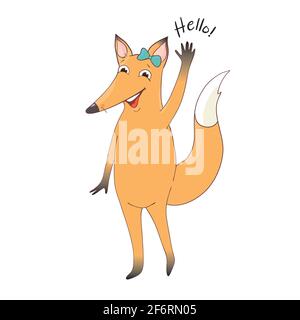 Vector illustration of cute fox and text 'Hello'. Childish background with smiling cartoon character. Stock Vector