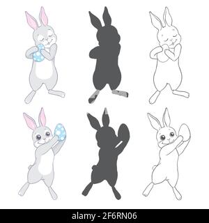 Easter bunny set in simple one line style. Rabbit icon. Black silhouettes and white minimal concept vector illustration. Stock Vector