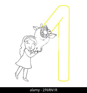 Girl hugging a giraffe. Vector illustration of hand-drawn. Coloring book for adults and children. Stock Vector