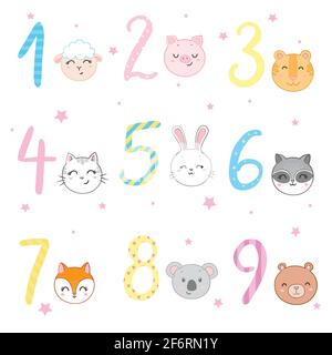 Funky Animals Standing Next To Digits Sticker Set. Stylized Colorful Flat Vector Illustrations For Kids On White Background, Stock Vector