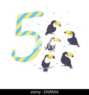 cartoon illustration with number five and toucans Stock Vector