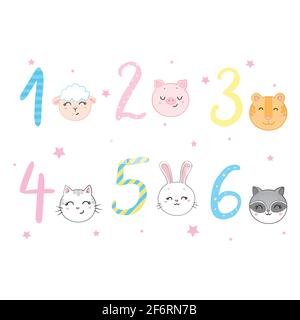Funky Animals Standing Next To Digits Sticker Set. Stylized Colorful Flat Vector Illustrations For Kids On White Background, Stock Vector