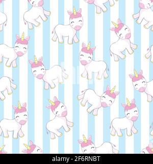 Vector pattern with cute unicorns, clouds and stars. Magic background with little unicorns. Stock Vector